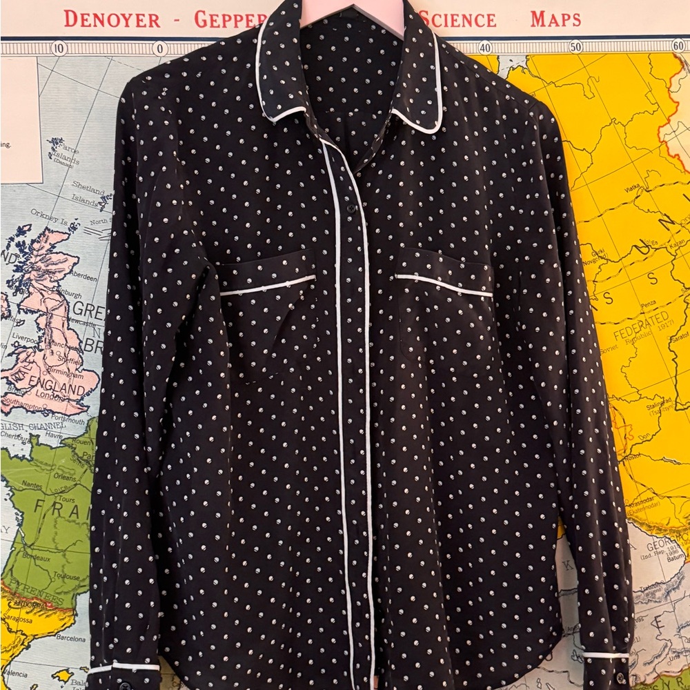 Ann Taylor navy silk polka dot pajama shirt
